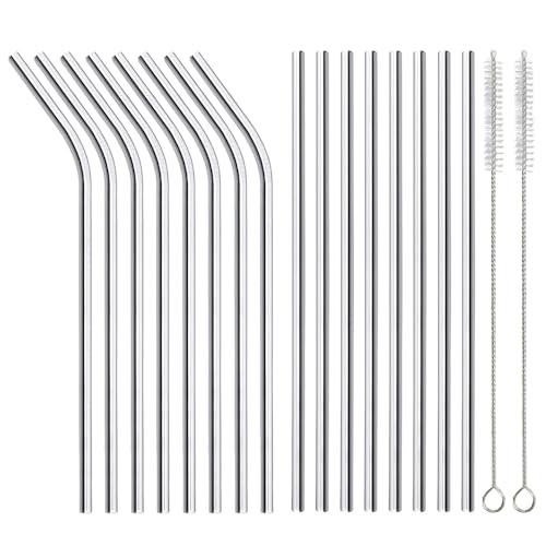 ANNVCHI 16 Pack of Reusable Stainless Steel Metal Straws, 8 Straight + 8 Bent 8.5 inch Metal Straws with 2 Cleaning Brushes, Straw Compatible with 20oz Stanley Cup - Image 1