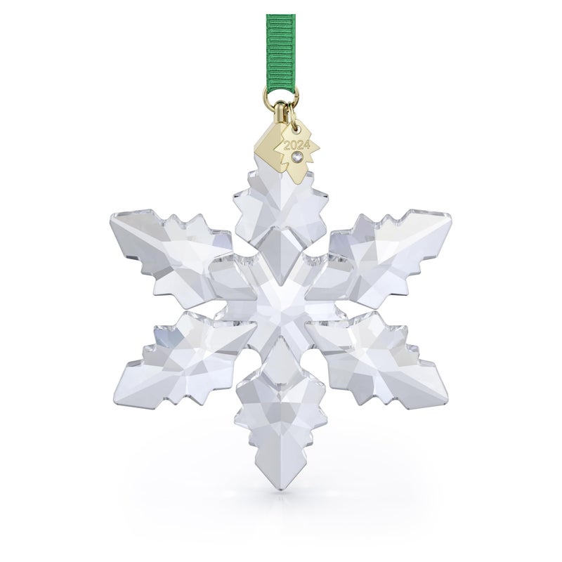 Swarovski Annual Edition 2024 Snowflake Ornament  Clear Faceted Crystal with Gold-Tone Metal Accents and Green Rayon Ribbon  Part of The Annual Edition Collection - Image 1