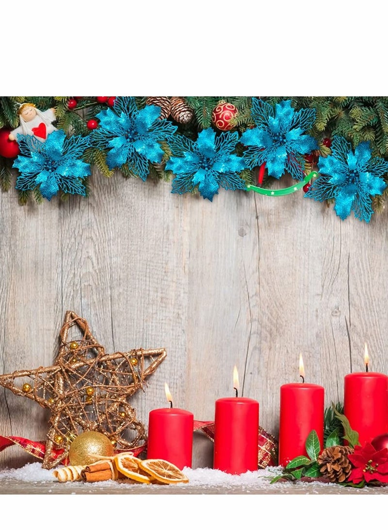 Excefore زهور البوينسيتيا الصناعية الزرقاء مع مشابك 12 قطعة 16 سم زينة شجرة لعرض الأكاليل والزفاف واحتفالات رأس السنة الجديدة - Image 1