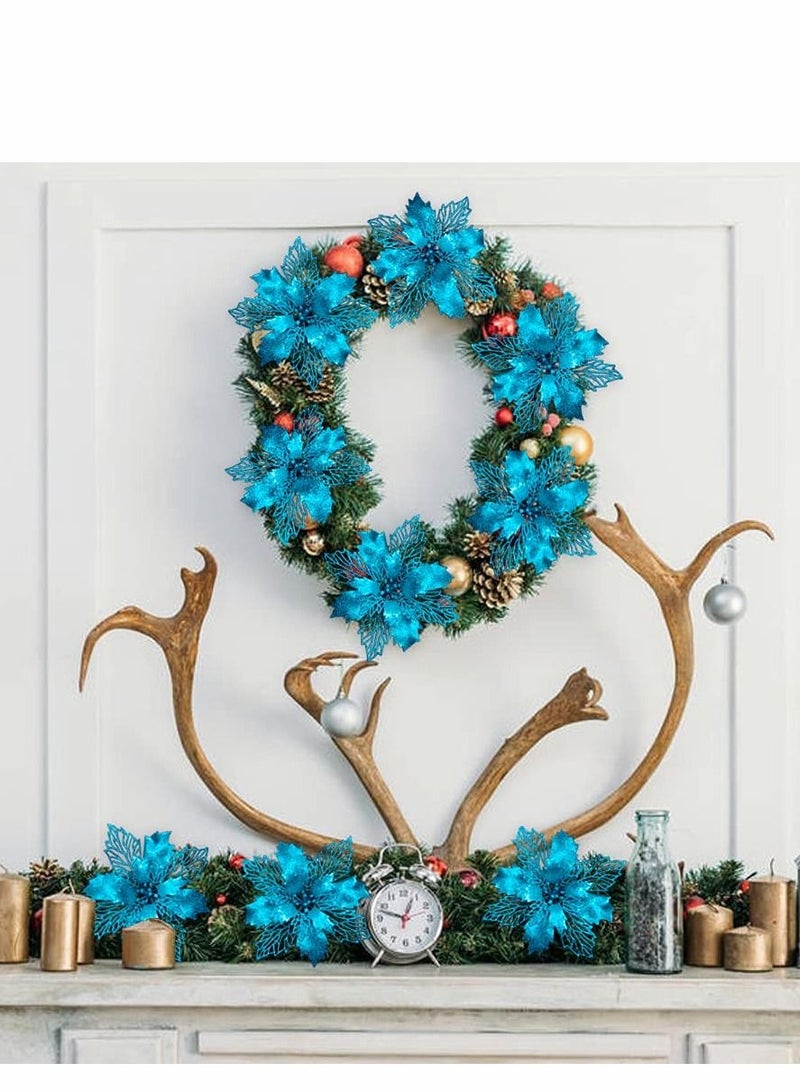 Excefore زهور البوينسيتيا الصناعية الزرقاء مع مشابك 12 قطعة 16 سم زينة شجرة لعرض الأكاليل والزفاف واحتفالات رأس السنة الجديدة - Image 3