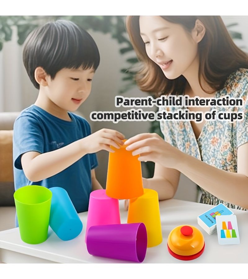 12 Cups 54 Cards 1 Clapping Bell Card Dual Battle Clock Cup Stacking Puzzle Toy Enhances Reaction Time And Memory Promotes Brain Development Parent Interactive Puzzle Game - Image 1