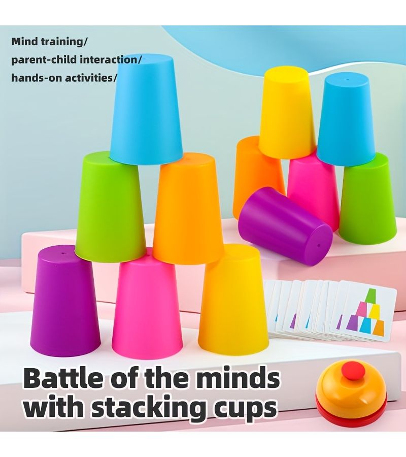 12 Cups 54 Cards 1 Clapping Bell Card Dual Battle Clock Cup Stacking Puzzle Toy Enhances Reaction Time And Memory Promotes Brain Development Parent Interactive Puzzle Game - Image 3