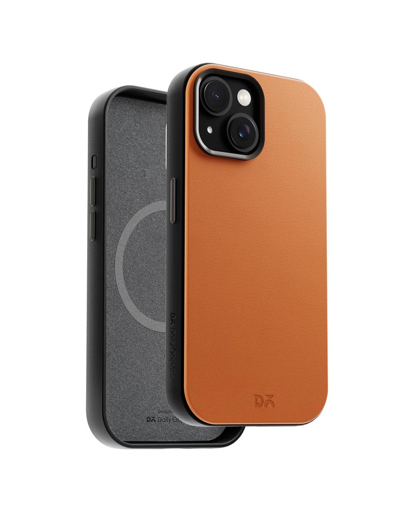 DailyObjects Leatherite Case for iPhone 15 Plus Compatible with Mag-Safe Wireless Charging | Tan-Grey Hybrid Magnetic Back Cover - Image 3