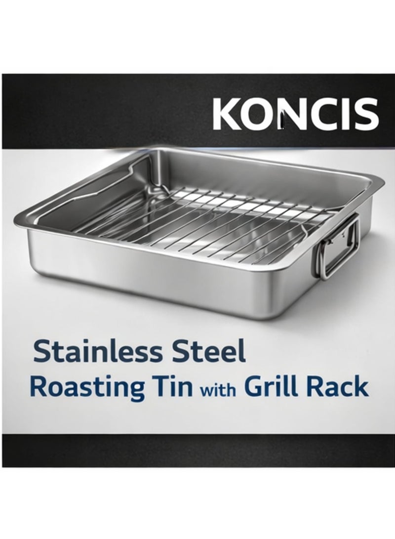 koncis Stainless Steel Roasting Tin with Grill Rack 40 x 32 cm – Heavy Duty Oven Roasting Pan for Chicken, Meat & Vegetables – Dishwasher Safe BBQ & Oven Tray - Image 1