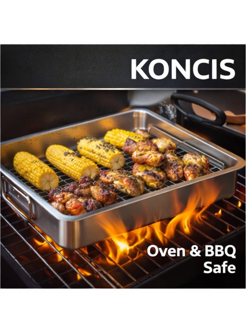 koncis Stainless Steel Roasting Tin with Grill Rack 40 x 32 cm – Heavy Duty Oven Roasting Pan for Chicken, Meat & Vegetables – Dishwasher Safe BBQ & Oven Tray - Image 2