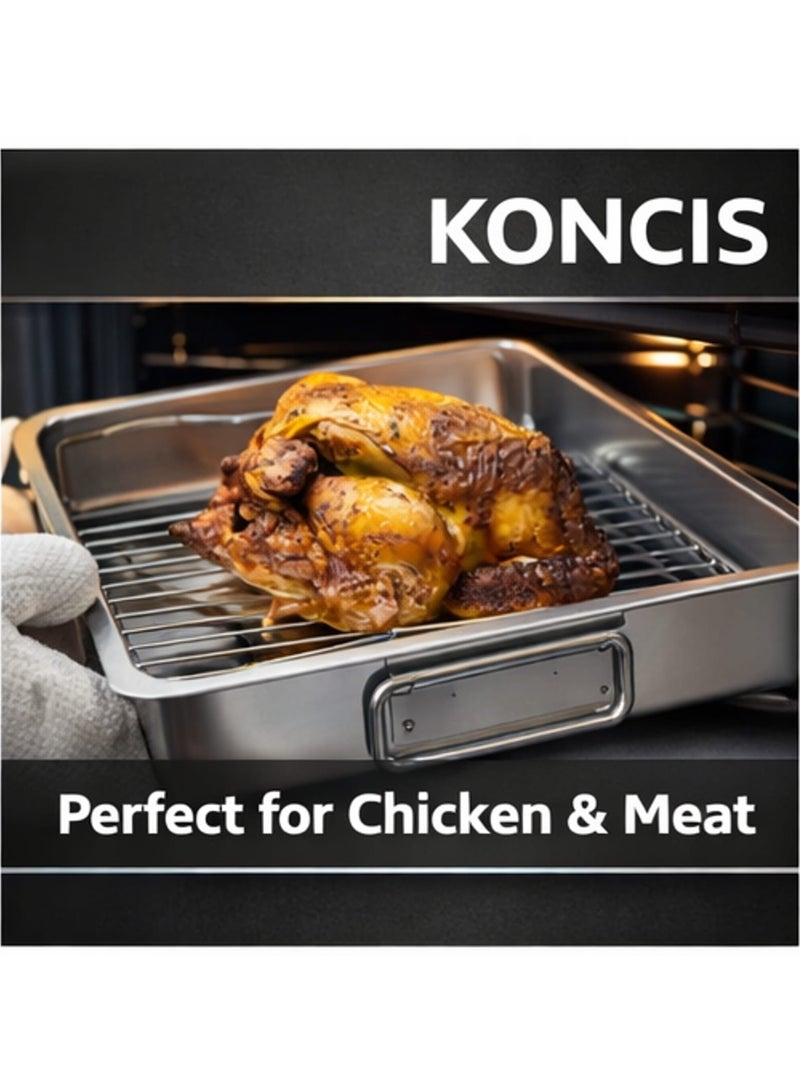 koncis Stainless Steel Roasting Tin with Grill Rack 40 x 32 cm – Heavy Duty Oven Roasting Pan for Chicken, Meat & Vegetables – Dishwasher Safe BBQ & Oven Tray - Image 3