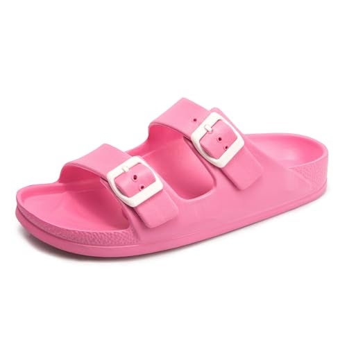 FUNKYMONKEY Women's Comfort Slides Double Buckle Adjustable EVA Flat Sandals (6 M US/Women, Fuxia) - Image 1