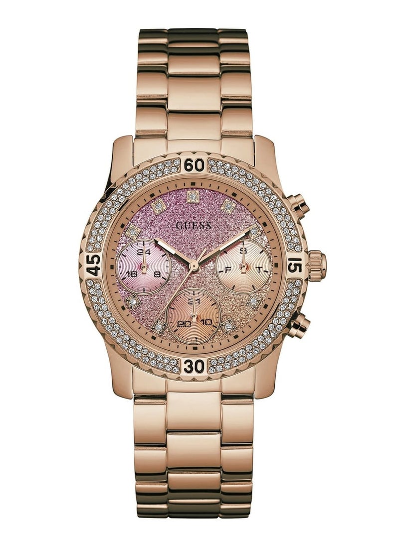GUESS ساعة يد أنالوج مقاومة للماء من الفولاذ المقاوم للصدأ للنساء W0774L3 - 38 مم - ذهب وردي  - Image 1