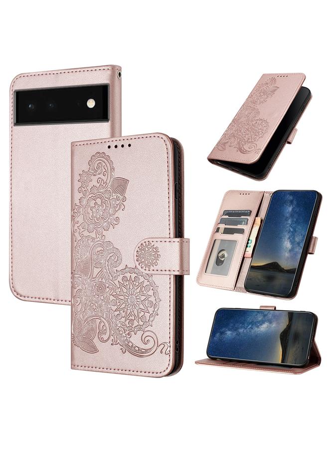 جراب هاتف جلدي قابل للطي منقوش عليه زهور الداتورا لهاتف Google Pixel 6 (ذهبي وردي)