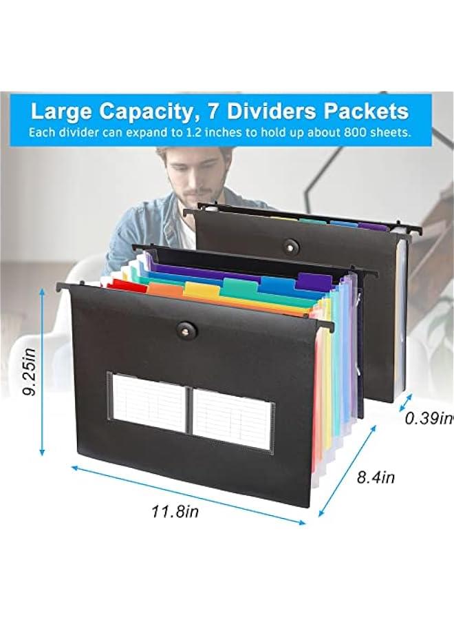 3 Pack Hanging File Folders Letter Size,  Large Capacity 7 Pockets Expandable File Folder with Multi-Color Tabs,Hanging File Organizer File Folders for Filing Cabinet Office School