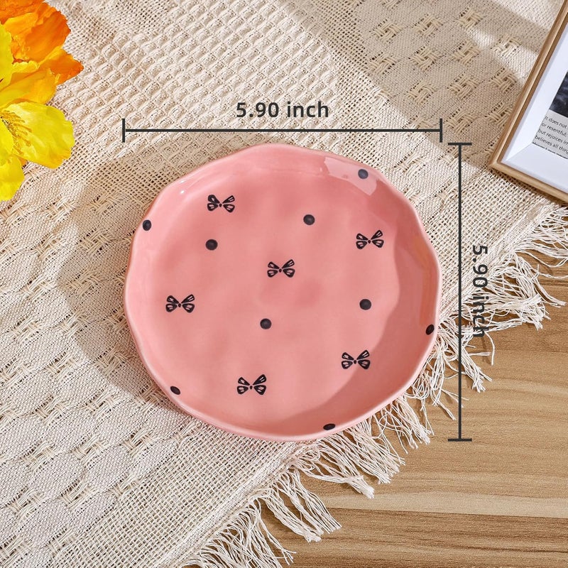 Koythin Ceramic Dessert Plates Cute Fruits Dinner Plate Creative Plates Design Printed Flowers Dinnerware for Office and Home Kitchen Plates for Desserts Pink Small Bow - Image 2