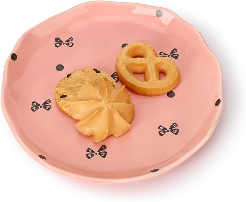 Koythin Ceramic Dessert Plates Cute Fruits Dinner Plate Creative Plates Design Printed Flowers Dinnerware for Office and Home Kitchen Plates for Desserts Pink Small Bow - Image 1