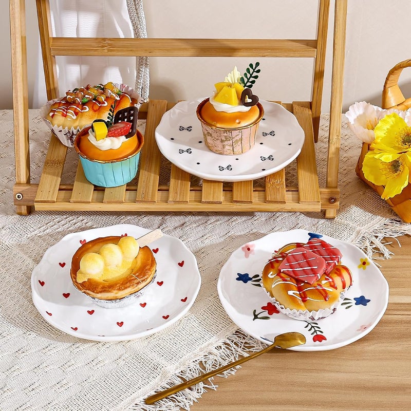 Koythin Ceramic Dessert Plates Cute Fruits Dinner Plate Creative Plates Design Printed Flowers Dinnerware for Office and Home Kitchen Plates for Desserts Pink Small Bow - Image 4
