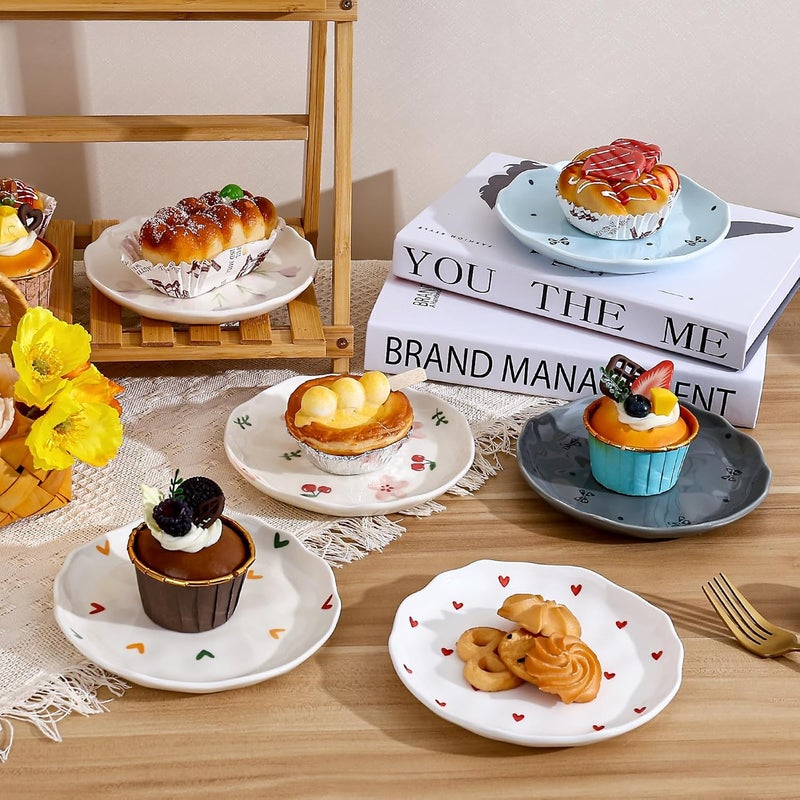 Koythin Ceramic Dessert Plates Cute Fruits Dinner Plate Creative Plates Design Printed Flowers Dinnerware for Office and Home Kitchen Plates for Desserts Pink Small Bow - Image 5