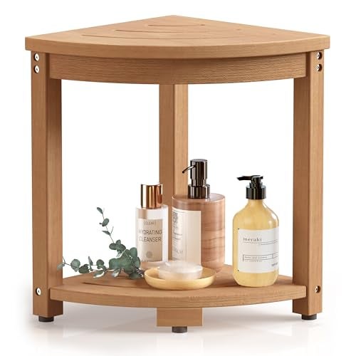 BEKVEM Waterproof Corner Shower Stool for Inside Shower, Poly Lumber Shower Bench Seat Chair, Bath Shower Stool for Shaving Legs Foot Rest with Storage Shelf, Adjustable & Non-Slip Feet, Teak Brown - Image 1