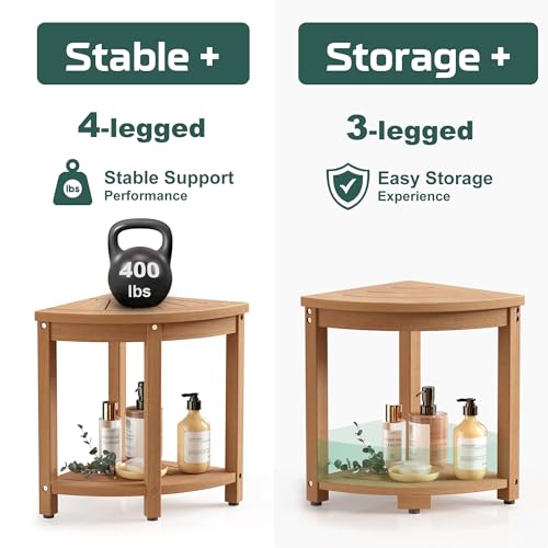BEKVEM Waterproof Corner Shower Stool for Inside Shower, Poly Lumber Shower Bench Seat Chair, Bath Shower Stool for Shaving Legs Foot Rest with Storage Shelf, Adjustable & Non-Slip Feet, Teak Brown - Image 5