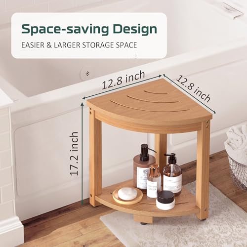 BEKVEM Waterproof Corner Shower Stool for Inside Shower, Poly Lumber Shower Bench Seat Chair, Bath Shower Stool for Shaving Legs Foot Rest with Storage Shelf, Adjustable & Non-Slip Feet, Teak Brown - Image 3