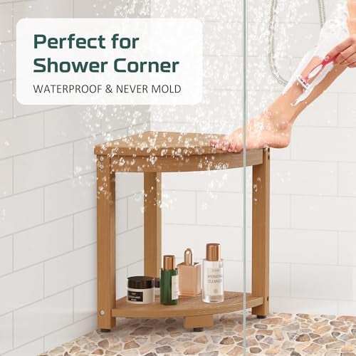 BEKVEM Waterproof Corner Shower Stool for Inside Shower, Poly Lumber Shower Bench Seat Chair, Bath Shower Stool for Shaving Legs Foot Rest with Storage Shelf, Adjustable & Non-Slip Feet, Teak Brown - Image 2
