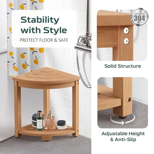 BEKVEM Waterproof Corner Shower Stool for Inside Shower, Poly Lumber Shower Bench Seat Chair, Bath Shower Stool for Shaving Legs Foot Rest with Storage Shelf, Adjustable & Non-Slip Feet, Teak Brown - Image 4