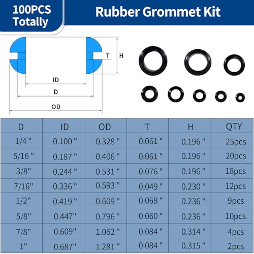 Monigte 100PCS Rubber Grommet Kit, 8 Sizes Hollow Firewall Hole Plug Assortment, Rubber Grommets for Wire, Wiring, Automotive, Cord Organization, 1/4", 5/16", 3/8", 7/16", 1/2", 5/8", 3/4'', 7/8", 1'' - Image 3