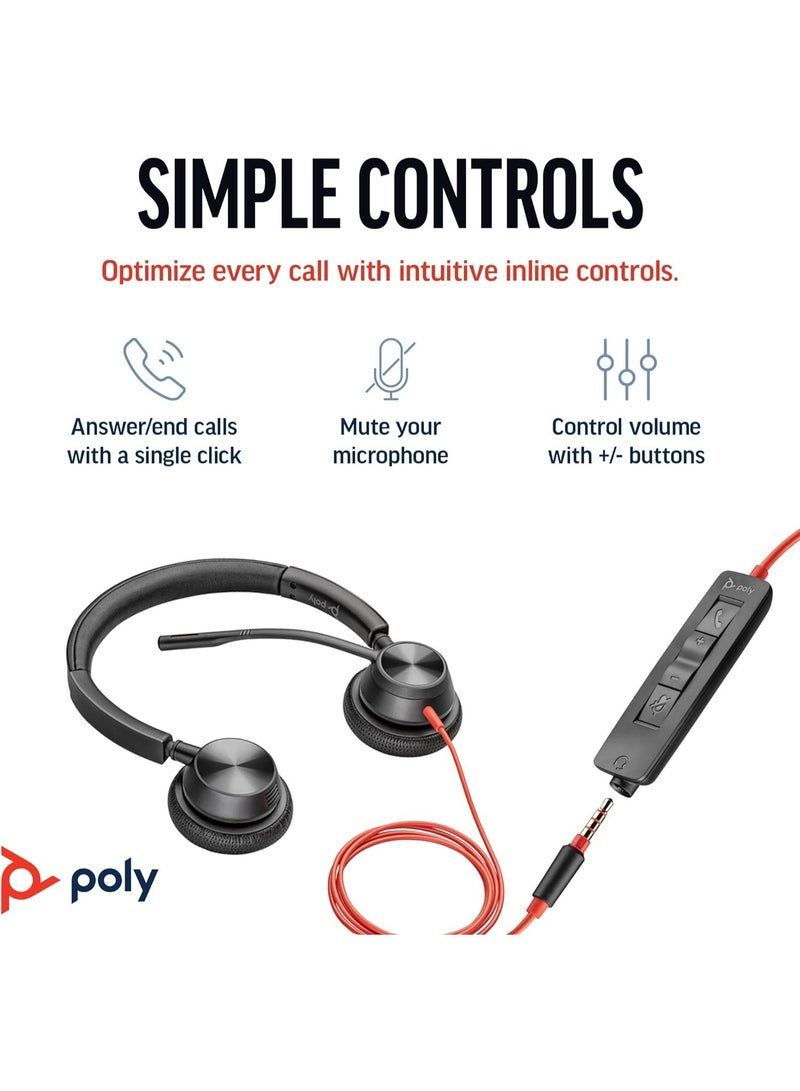 Poly Blackwire 3325 Stereo Headset, Wired Over-Ear Headphones with USB-C & USB-A Adapter + 3.5mm Jack, Noise-Cancelling Boom Mic, SoundGuard Digital Acoustic Protection, HD Audio, Lightweight Adjustable Design, For PC, Laptop, Tablet, Smartphone, Black | 8X221AA - Image 2