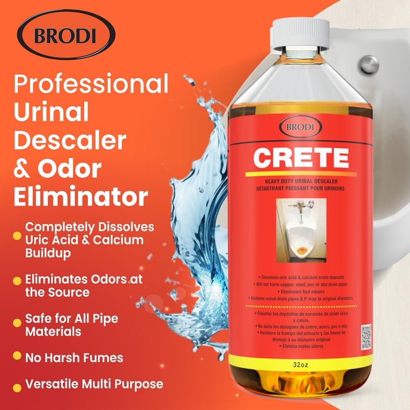 Brodi CRETE Urinal Drain Cleaner, Commercial Grade, Restores Pipes to Original Diameter, Urinal Descaler & Deodorizer, Safe for Pipes, No Harsh Fumes, Urine Salt Remover, 32 Fl Oz (Pack of 1) - Image 1