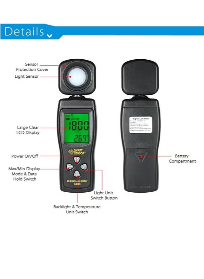 SMART SENSOR Handheld Digital Lux Meter Luminance Tester Light Meter 1-200000 Lux Tools Photometer Spectrometer Actinometer  - Image 2