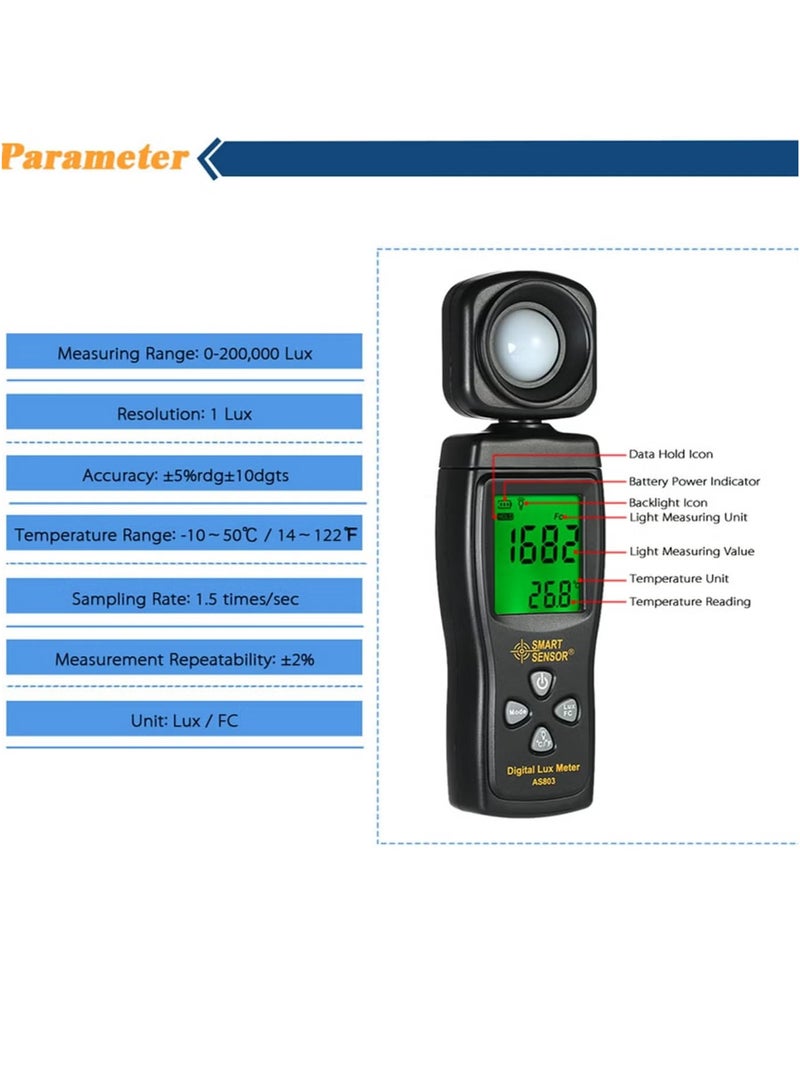 SMART SENSOR Handheld Digital Lux Meter Luminance Tester Light Meter 1-200000 Lux Tools Photometer Spectrometer Actinometer  - Image 3