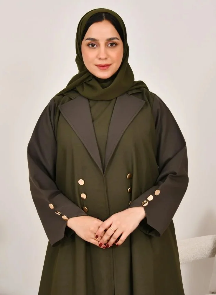 عبايات لمحة بليزر اخضر زيتي بفستان متصل مزين بأزرار ذهبية