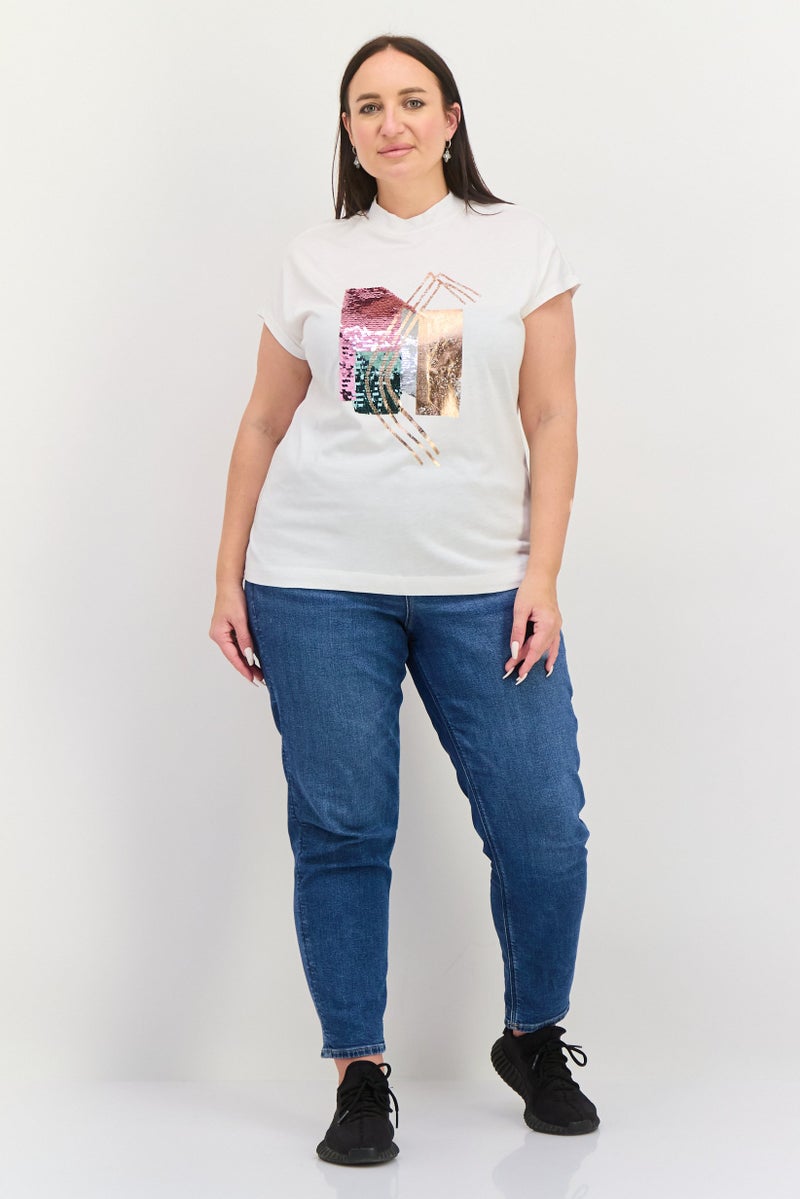 ESPRIT تي شيرت معدني بأكمام قصيرة و ياقة مرتفعة للنساء، أبيض - Image 4