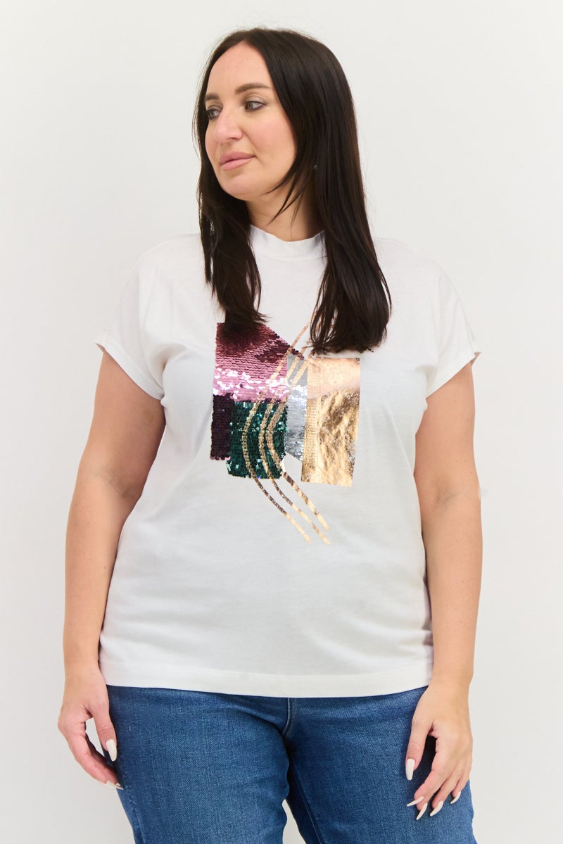 ESPRIT تي شيرت معدني بأكمام قصيرة و ياقة مرتفعة للنساء، أبيض - Image 1