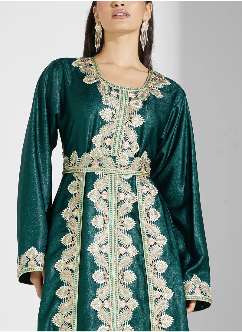 hayas closet Embroidered Neck Flared Sleeve Moroccan Dress