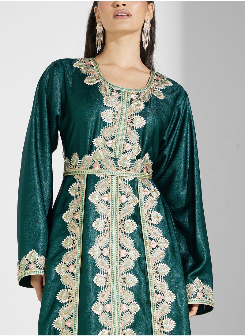 hayas closet - Embroidered Neck Flared Sleeve Moroccan Dress - Image 1