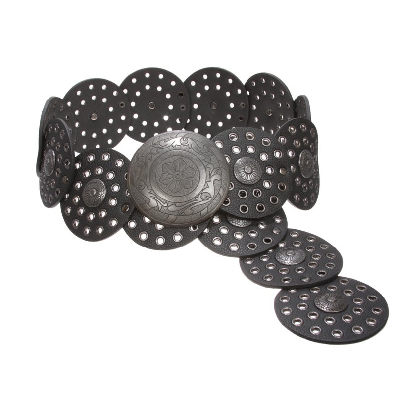 Beltiscool 3 1/2" (90 mm) Wide Ladies Wide Boho Disc Concho Leather Belt, Black | XXXL - 54 END-TO-END - Image 4