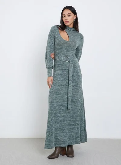 Styli Teal Cut-Out Detail Belted Sweater Maxi Dress