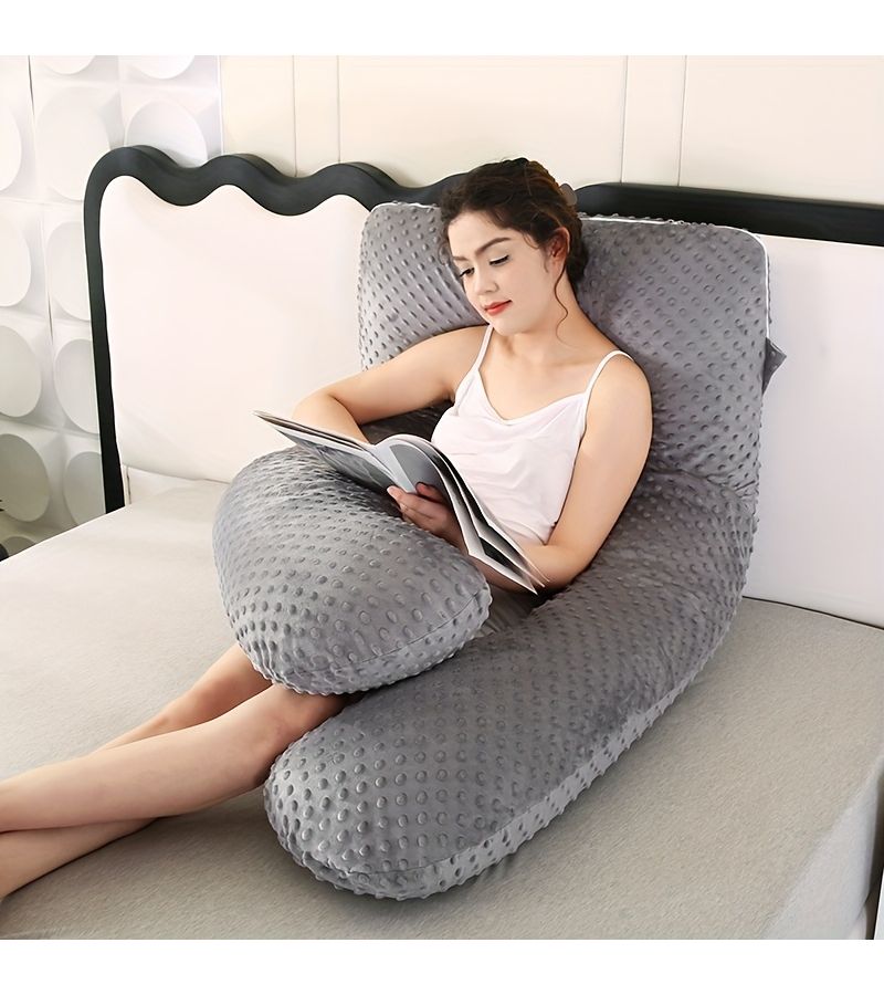 Grey U Shaped Velvet Bean Pregnancy Side Sleeping Pillow 51x28 Inch 3.31 LB Machine Washable Multifunctional Postpartum Support Cushion Portable Nap Aid - Image 1