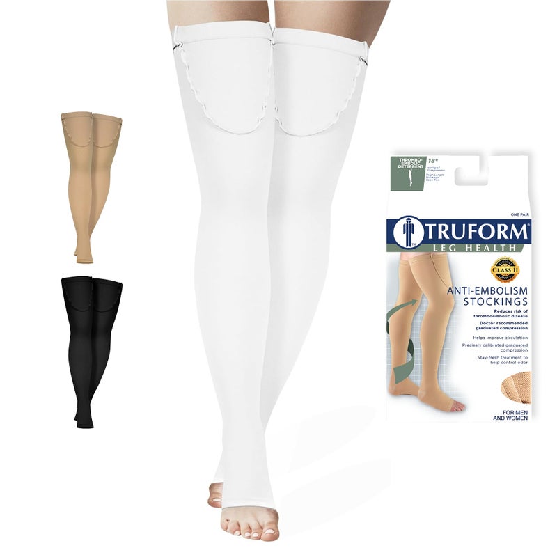 Truform Anti Embolism Stockings Thigh High Post Surgery Recovery Hospital Style 18 mmHg Compression for Men and Women Full Length Ted Hose Open Toe White Large