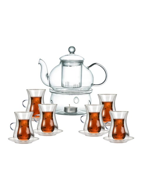 Liying 600ml Teapot with Warmer and 6 Double Wall Cups (80ml) with Saucers - Heatproof Insulating Set for Tea & Coffee
