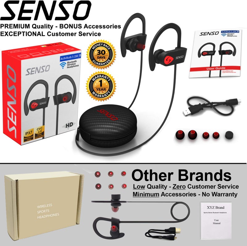 Senso Bluetooth Headphones, Best Wireless Sports Earbuds w/Mic IPX7 Waterproof HD Stereo Sweatproof Earphones for Gym Running Workout Noise Cancelling Earphones Earbuds Noise Cancelling Headsets - Image 5