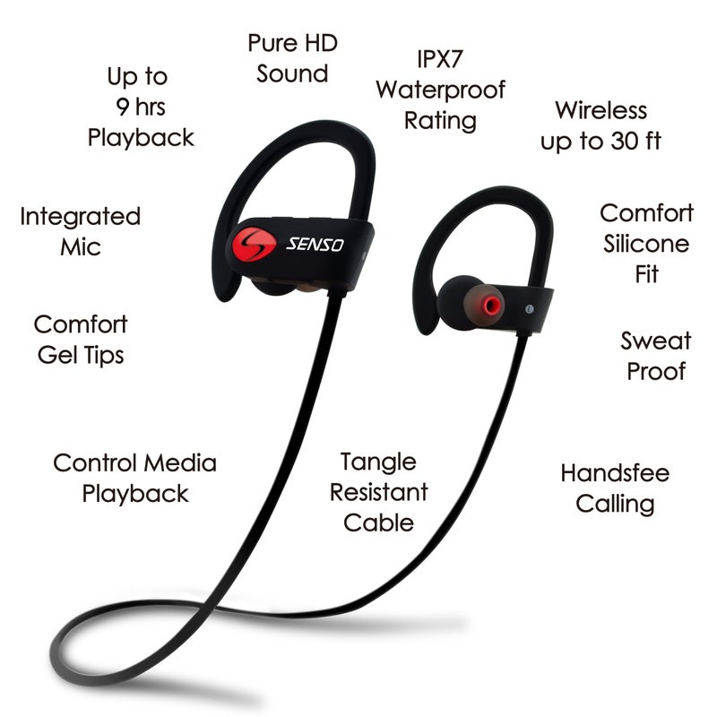 Senso Bluetooth Headphones, Best Wireless Sports Earbuds w/Mic IPX7 Waterproof HD Stereo Sweatproof Earphones for Gym Running Workout Noise Cancelling Earphones Earbuds Noise Cancelling Headsets - Image 4