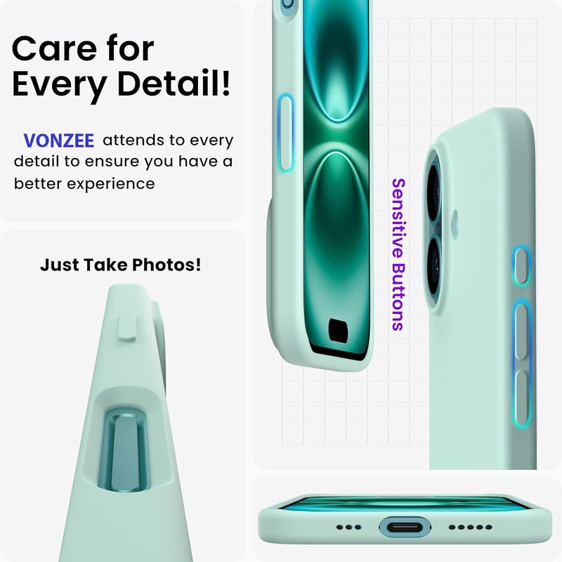 Elzzi Microfiber Logo Cut Cover Compatible for iPhone 16 Case Liquid Silicone Cases Full Body 4 Layer Protective Covers Shockproof Back Cover with High Raised Camera Lips (6.1 inch, Mint Green) - Image 5
