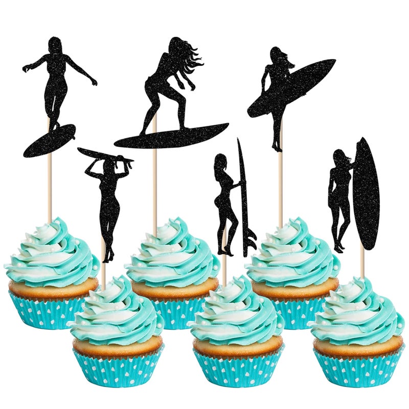 Rsstarxi 24 Pack Surfing Cupcake Toppers Glitter Summer Theme Surfboard Sport Cupcake Picks Surf Board Party Cake Decorations for Surf Theme Baby Shower Kids Birthday Party Decorations Black - Image 1