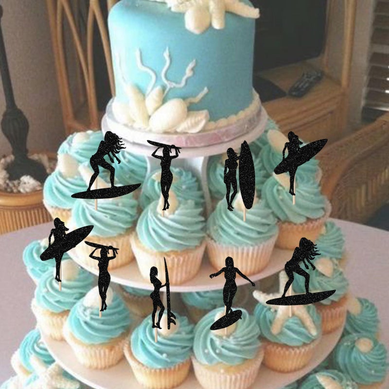 Rsstarxi 24 Pack Surfing Cupcake Toppers Glitter Summer Theme Surfboard Sport Cupcake Picks Surf Board Party Cake Decorations for Surf Theme Baby Shower Kids Birthday Party Decorations Black - Image 4