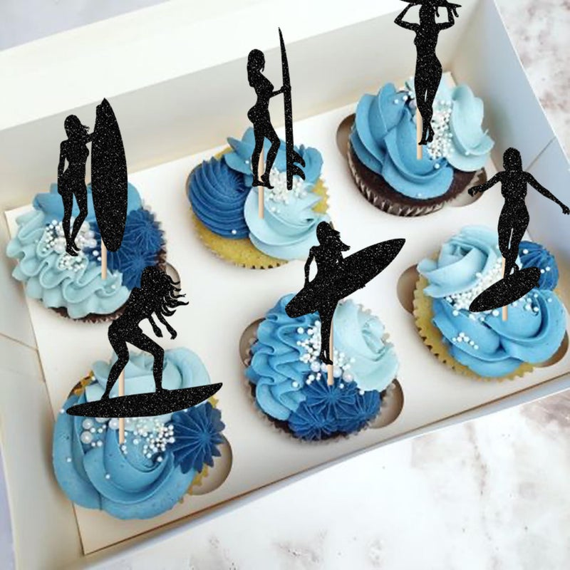 Rsstarxi 24 Pack Surfing Cupcake Toppers Glitter Summer Theme Surfboard Sport Cupcake Picks Surf Board Party Cake Decorations for Surf Theme Baby Shower Kids Birthday Party Decorations Black - Image 3