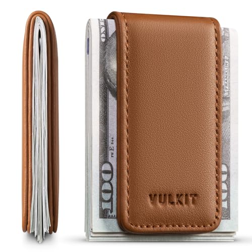 VULKIT Magnetic Money Clip Top Grain Leather Cash Holder Minimalist Design Holds Up to 15 Cash - Image 1