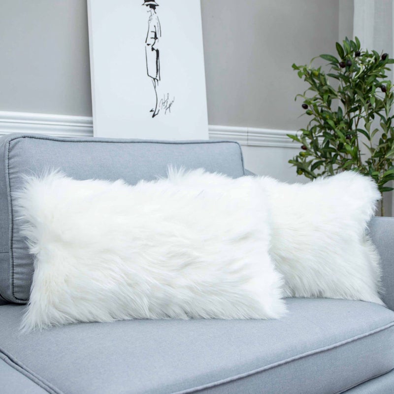 LIGICKY Set of 2 Decorative White Lumbar Faux Fur Throw Pillow Cover Luxury Series Rectangle Soft Plush Pillow Case Cushion Cover for Couch Sofa Bed 12 x 20