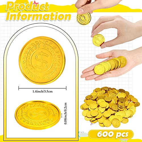 Hanaive 600 Pcs Pirate Gold Coins Plastic Treasure Play Toy Coins Fake St. Patricks Doubloon for Pirate Party Favors Supplies Treasure Hunt Game Teachers Classroom Reward - Image 2