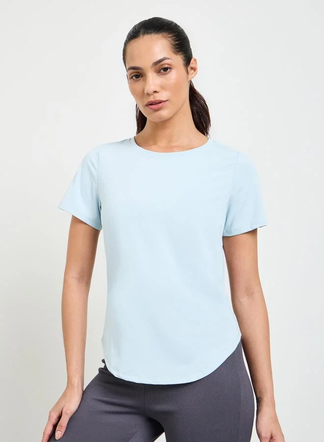 تايك تو Blue Solid Round Neck Active T-Shirt