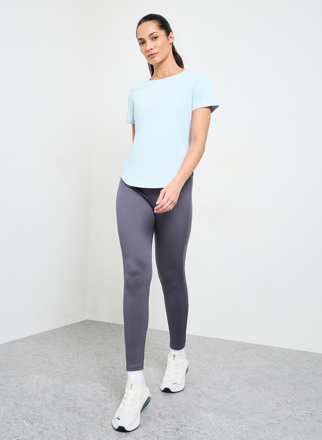 Take Two Blue Solid Round Neck Active T-Shirt - Image 2