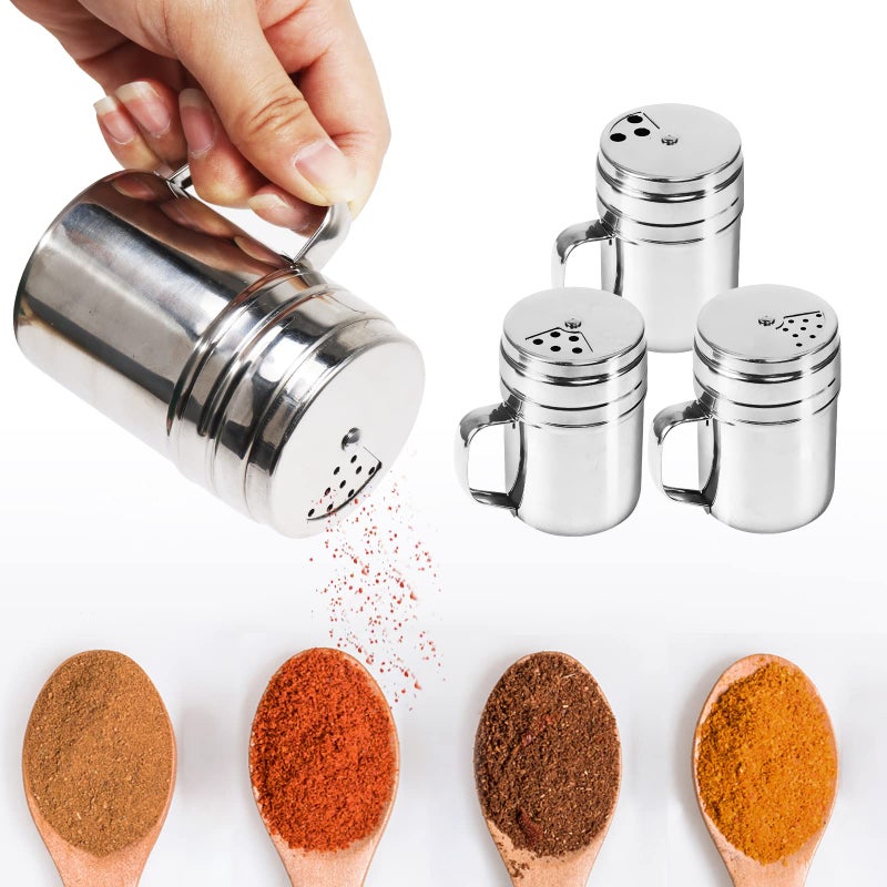 Dualshine 3Pcs Seasoning Bottle with Handle Stainless Steel Dredge Shaker Rub Spice with Holes Powdered Sugar Shaker with Lid Shaker Cooking Rotatable Cover for Spice Salt Shaker Dispenser - Image 3